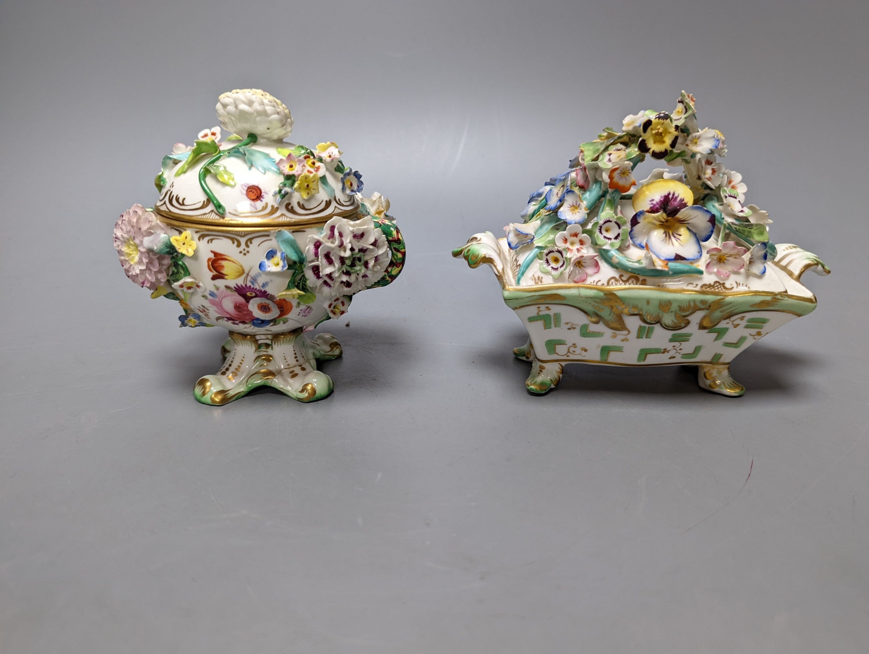 A Meissen style chocolate cup and cover, two mid 19th century English porcelain flower encrusted pots and covers and two dishes